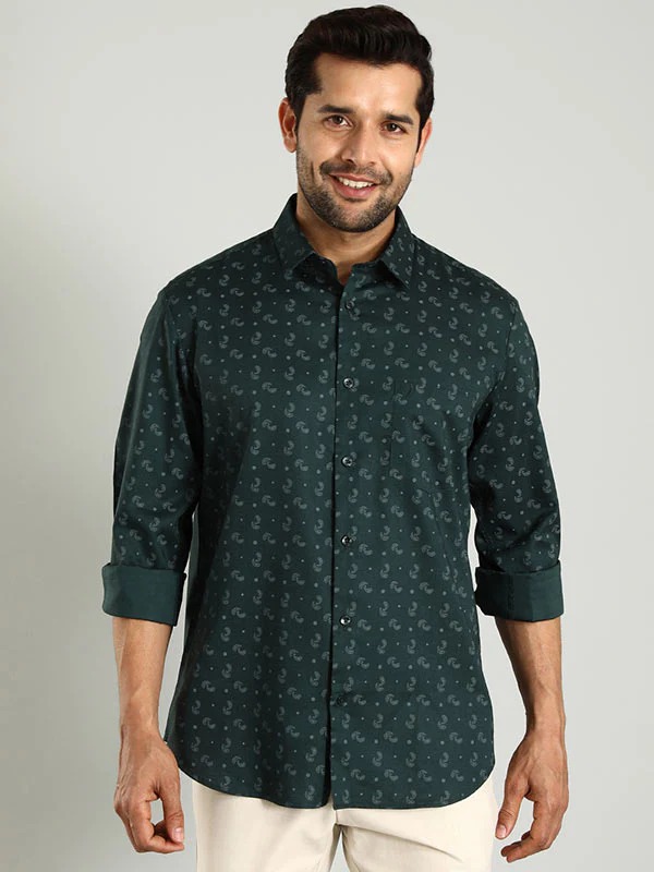 Indian Terrain Men's Regular Fit Full Sleeve Printed Green Shirt